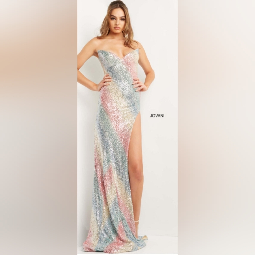 New Jovani Iridescent Pastel Rainbow Strapless Sequin Gown Prom Jovani 07915